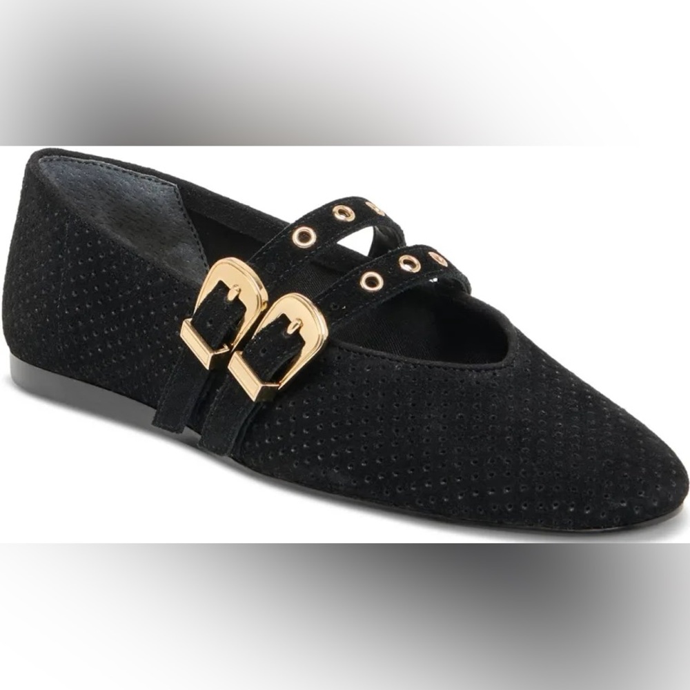 Dolce Vita Baylee Grommet Black Suede Double-Buckle Ballet Flat